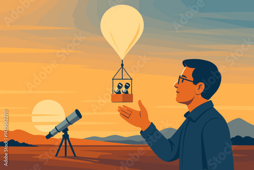 Flat space serves as the backdrop for a research scene that includes a balloon lift, an array of instruments, and the gentle light of morning