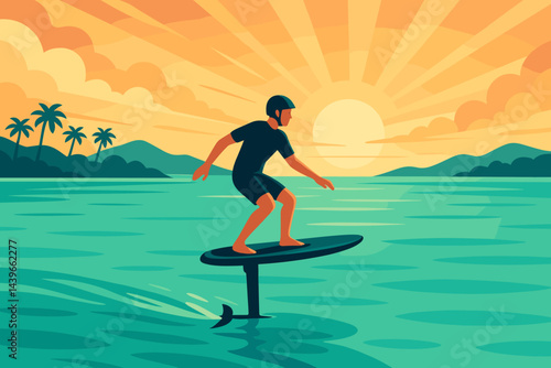Flat water serves as the backdrop for an e-foil board in motion, a trail of wake, and the warm hues of a pastel dawn sky