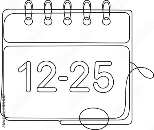 abstract continuous line art drawing of a paper calendar marked with the date december twenty fifth minimalist black sketch style isolated on a clean white background