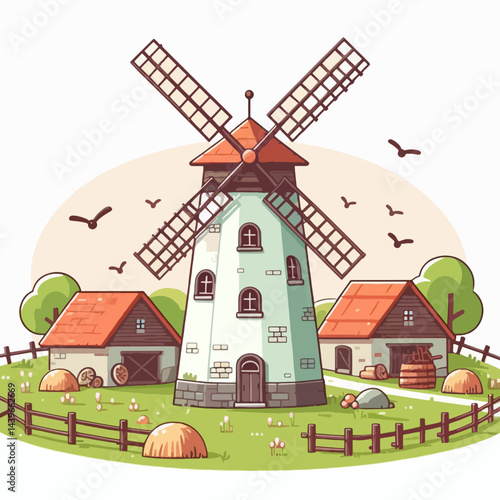 Charming, stylized drawing of a rural scene, featuring a windmill and rustic buildings.