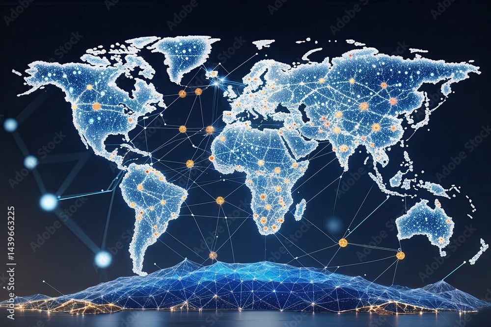 Fototapeta premium Innovative Blockchain Architecture Design Featuring Global Connectivity Map and Decentralized Network Solutions