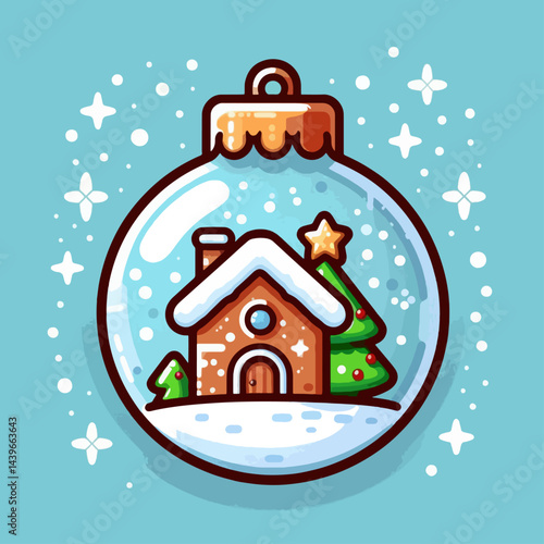 Cheerful, stylized winter scene depicted within a round, transparent Christmas ornament, featuring a gingerbread house and a small Christmas tree, nestled in a snowy landscape.