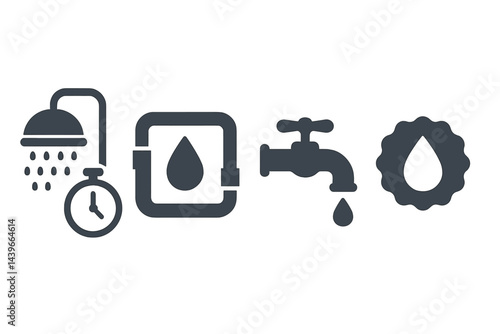 Icons representing bathroom ecology display time, reuse, prevention, and a symbol