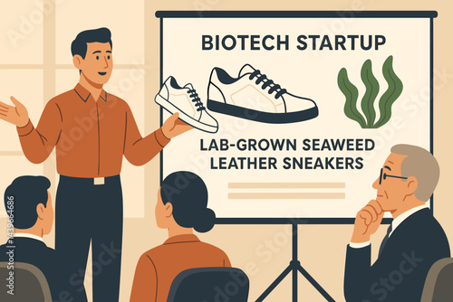 The pitch featured a flat green-fashion display with a shoe prototype, accompanied by charts and algae tanks