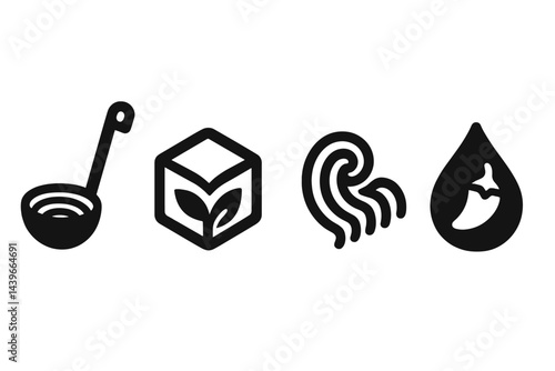 Icons of cuisine that include utensils, broth, noodles, and spices