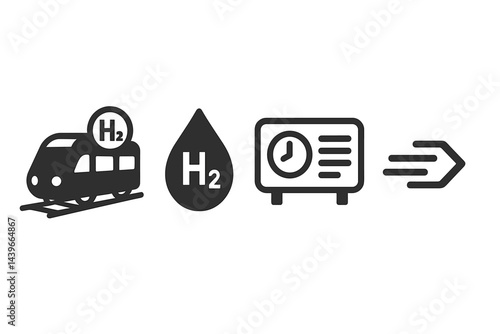 Icons representing rail and renewable energy display a vehicle, fuel, time, and velocity