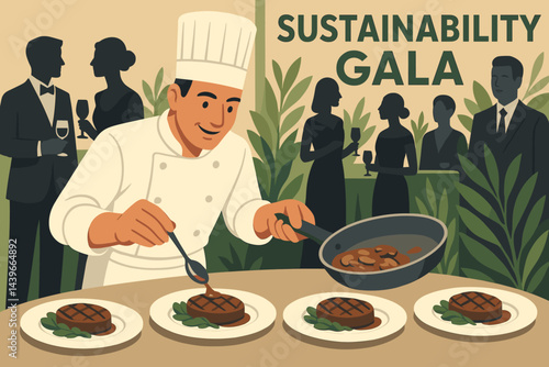 The gourmet event scene was flat, featuring elegant plates, mycelium steaks, and spotlights