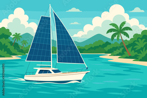 The scene depicts a serene flat eco-yacht with solar fabric, calm blue water, and a relaxed deck atmosphere