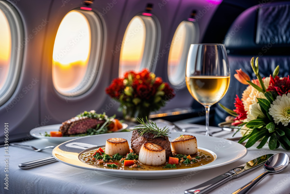 An elegant airplane meal of steak and scallops, complemented with wine and floral arrangements. An elegant airplane meal of steak and scallops, complemented with wine and floral arrangements.