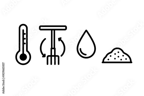 Icons representing composting display temperature, aeration, water, and rich soil