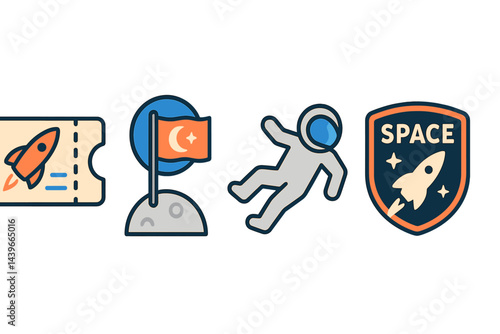 Icons for space tourism include images of tickets, pins, weightless joy, and badges