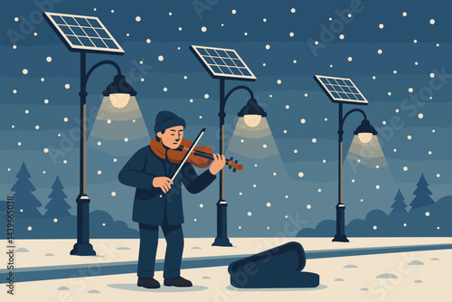 A serene winter scene featuring a violin, gently falling snowflakes, and a warm radiant light