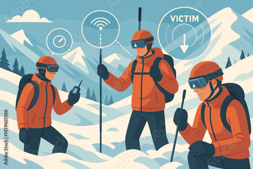 The scene depicted is a flat, high-risk area with a snow field, augmented reality markers, and probe poles