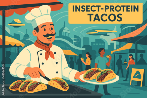 The alt-protein scene is depicted as flat, featuring tacos, a neon stall, and diners who are curious