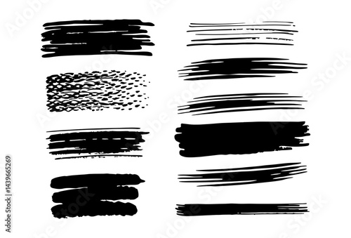Collection of ten black ink brush strokes and textures on a white background art silhouette