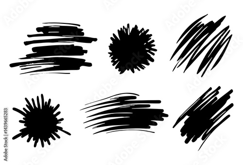 Collection of six black ink brush strokes and splatters on a white background art silhouette