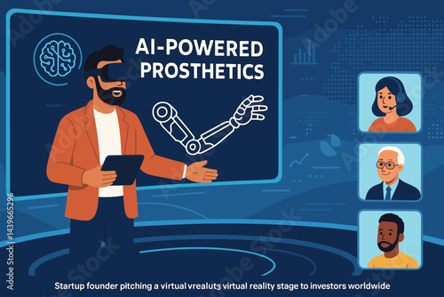 The tech-pitch scene is flat, featuring a VR auditorium, hologram limbs, and global avatars