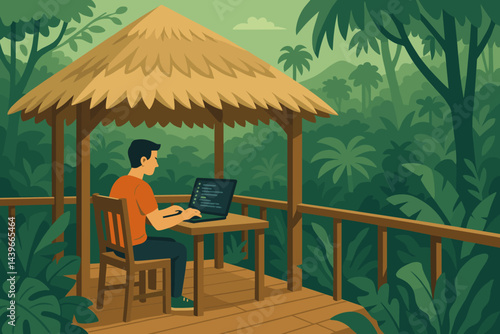 A work-from-anywhere setting that combines laptops, hammocks, and a jungle view in a flat scene