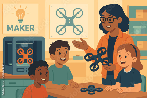 A flat scene depicting STEM learning is shown with printers, drone parts, and enthusiastic students