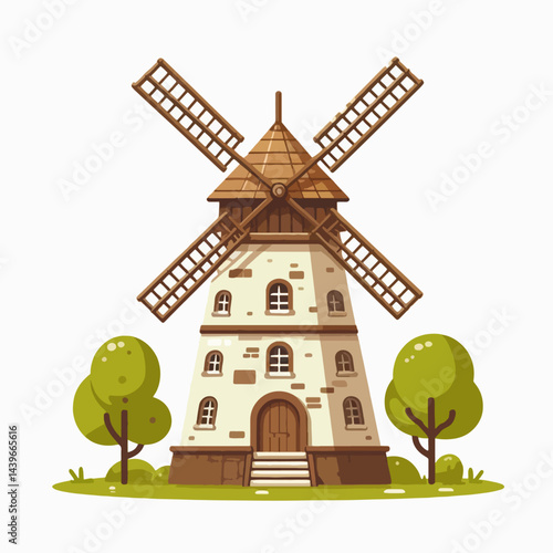 Stylized, cartoon rendering of a traditional windmill, situated amidst simple trees, on a grassy base.