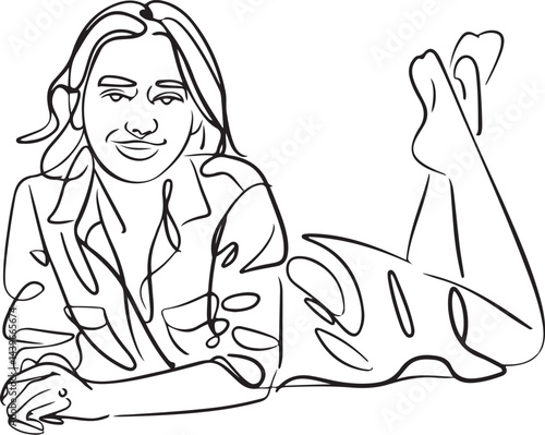minimalistic continuous line art of a happy young woman lying down and smiling wearing summer clothes featuring a white shirt and black skirt black linear sketch isolated on white