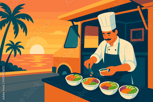 The seaside-food scene is depicted as flat, with vibrant bowls, a visible ocean horizon, and an abundance of warm light