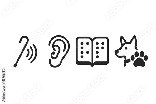 Icons that represent assistive technology for mobility, hearing, reading, and guidance