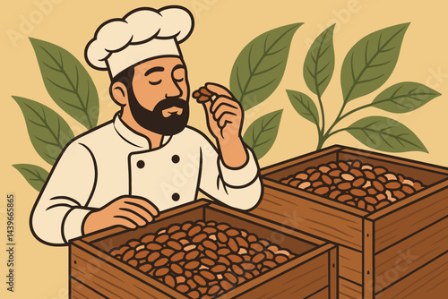 The scene depicts a flat bean-to-bar setting with a tasting spoon, beans, and tropical leaves