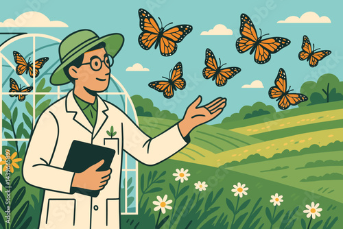 A flat scene depicting butterflies, flowers, and an open greenhouse in a biodiversity setting
