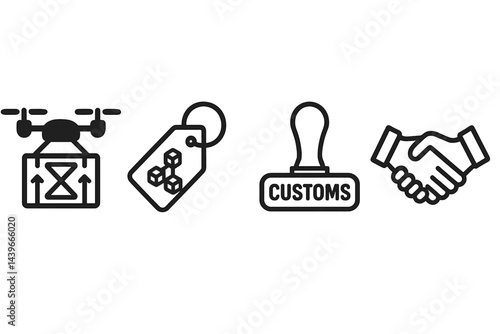 Icons of global shipping include images of an aerial box, secure tracking, clearance, and receipt