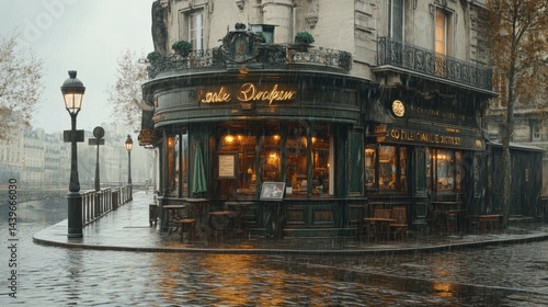 Cozy Paris Café on a Rainy Day with Reflections on Wet Pavement