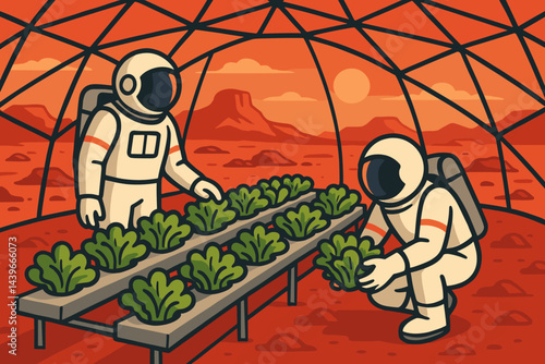 A flat scene depicting off-world farming is shown with a domed habitat, space suits, and leafy greens