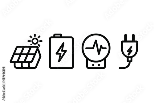 Icons of clean energy encompass various aspects including generation, storage, monitoring, and usage