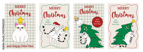 Contemporary Merry Christmas and Happy New Year greeting Posters vector Set. Whimsical cat and Christmas tree in trendy colorful style. XMAS art on checkered copybook sheets background. EPS 10