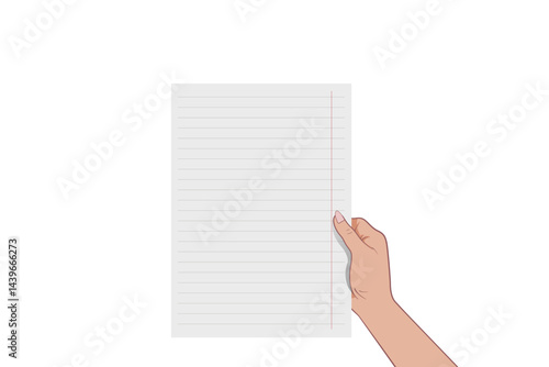 The hand holds a blank sheet from a notebook. Space for copying. Vector image