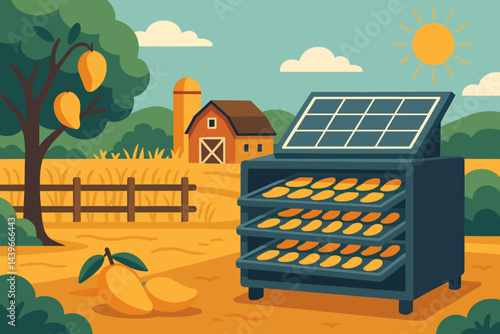 The scene of sustainable processing is set against a backdrop of flat landscapes, where solar power, fruit, and rural living intersect