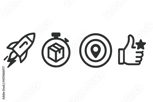Icons representing speedy logistics focus on timing, tracking, and customer satisfaction