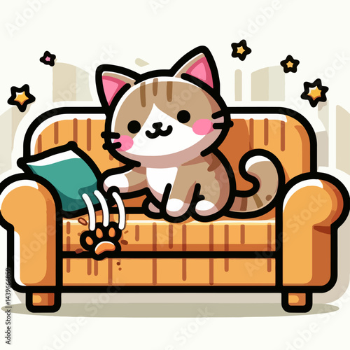 Cartoon illustration of a  adorable tabby cat sitting on a sofa and using its paws to cause damage to the upholstery.