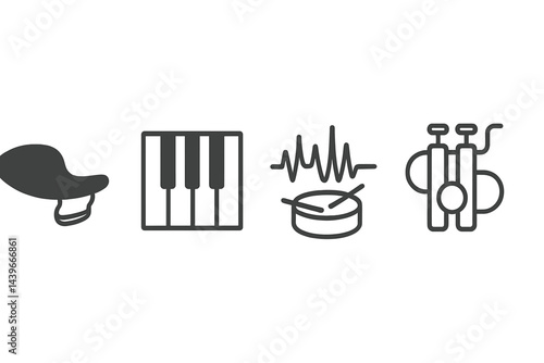 Icons representing instrument study encompass strings, keys, rhythm, and brass