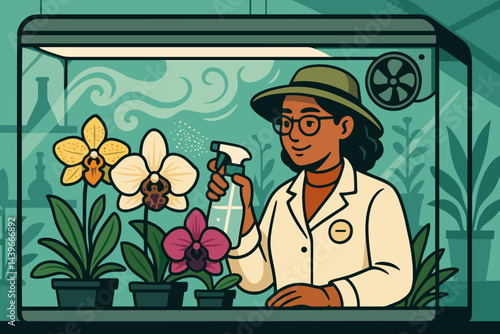 The scene depicted is one of flat plant science, complete with blooming orchids, jets of mist, and various notes
