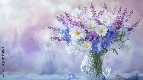 Stunning Bouquet of Lavender Daisies and Blue Flowers in a Crystal Vase