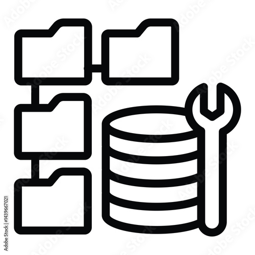 Wrench and database storage with folders line icon, dataset concept. Vector graphics. Developer data, repair sign on white background, style for mobile or design.