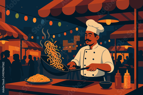 The dynamic food scene is depicted as flat, complete with flames, a noodle toss, and bustling stalls