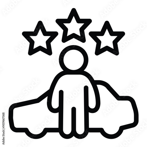 Man and stars with taxi car line icon, neural dataset concept. Vector graphics. Taxi driver service, feedback tracking sign on white background, style for mobile or design.