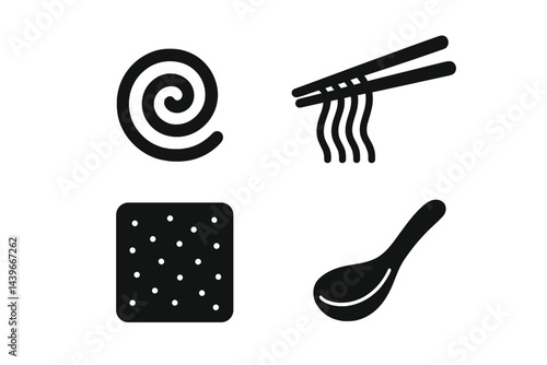 Icons of cuisine that include images of a bowl, utensil, topping, and broth accent are featured