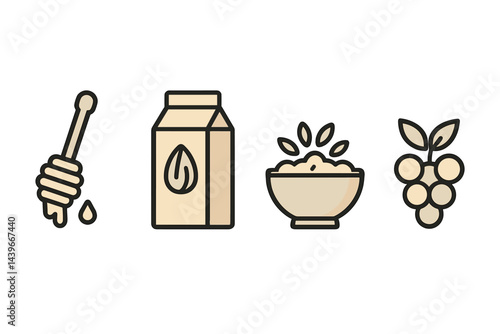 Icons of vegan breakfasts display natural sweeteners, dairy-free beverages, grains, and fruits