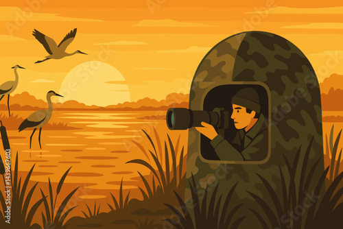 A serene landscape photograph featuring a tranquil atmosphere, camouflage, and warm golden illumination