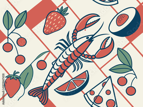 Seamless vector pattern with contemporary art food illustrations. Vegetables, fruits, berries, lobster, fish in trendy geometric style on checkered background. Colorful abstract dinner party texture
