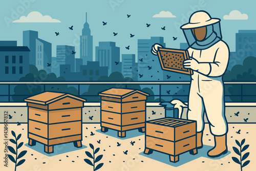 The city-beekeeping scene is notable for its emphasis on sustainability and pollinators, presenting a flat landscape