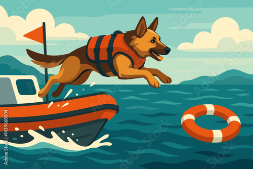 The scene depicts a flat image of a heroic dog, with elements including a splash, a ring, and applause from a trainer